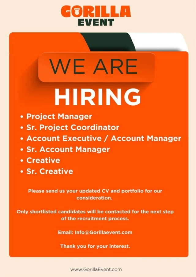 ลิงยักษ์ตัวใหม่ ใช่คุณหรือเปล่า 
มาร่วมงานกับ Gorilla Event 
เรากำลังมองหาสมาชิกลิงยักษ์มาเสริมทีม 
หากคุณคิดว่าคุณคือคนที่ใช่ 
✅ ส่ง resume มาที่ info@gorillaevent.com

*สงวนสิทธิ์ในการติดต่อกลับ candidate ที่ผ่านการคัดเลือกเท่านั้น