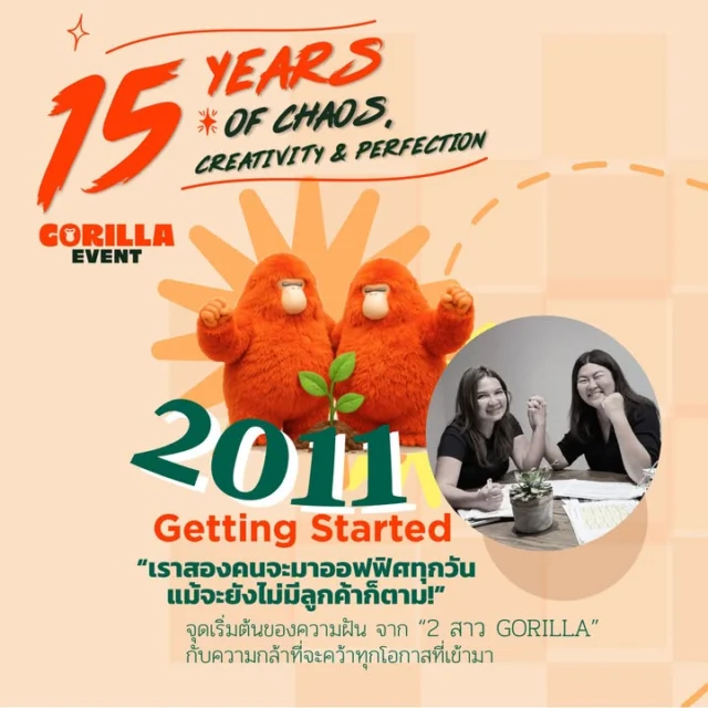 จากจุดเริ่มต้นเล็กๆ ของ 2 ผู้บริหาร Gorilla Event
สู่การเดินทางครบรอบ 15 ปี กับความตั้งใจที่จะลงมือทำในทุกโอกาสที่เข้ามา ✨

จากโต๊ะประชุมเพียงหนึ่งตัวใน 15 ปีที่แล้ว
สู่การเติบโตเคียงข้างความสำเร็จกับ 90 แบรนด์
ผ่านผลงานและประสบการณ์ที่ทีมกอริลล่าได้ทุ่มเทมาโดยตลอด

15 จึงไม่ใช่เพียงแค่ตัวเลข
แต่คือความเชื่อใจ ประสบการณ์ และบทพิสูจน์ของการคั้นสมอง 
ลงใจบริการ และไม่หยุดพัฒนา
เพื่อพร้อมรองรับทุกความท้าทายจากหลากหลายกลุ่มธุรกิจที่เติบโตขึ้นในทุกวัน

วันนี้… พวกเราพร้อมที่จะ “GO WILDER” ไปด้วยกัน
ทั้งในประเทศไทยและก้าวสู่ระดับนานาชาติ
ด้วยหัวของความคิดสร้างสรรค์ และหัวใจของงานโอเปอเรชัน
ที่พร้อมเดินไปพร้อมกันอย่างสมบูรณ์แบบ 🦍🧡

#GorillaEvent #15YearsOfChaos #GoWilder