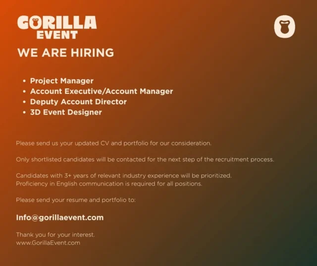 We're Hiring!

If you're creative, driven,
and passionate about creating 
unforgettable brand experiences,
we want you on our team.

Join Gorilla Event and help leading brands turn ideas into extraordinary experiences.

📩 Apply now: Info@gorilaevent.com